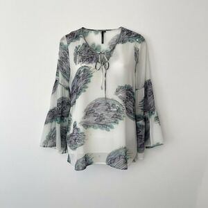 Vintage Kay Celine Sheer Boho Peacock Top Embellished Bell Sleeve Festival